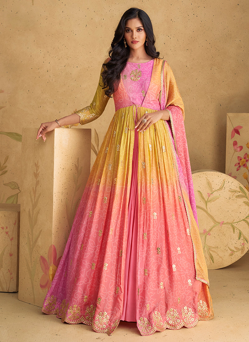 Pink And Yellow Ombré Embroidered Jacket Style Anarkali Dress – variyav