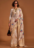 Beige Floral Printed Satin Silk Saree