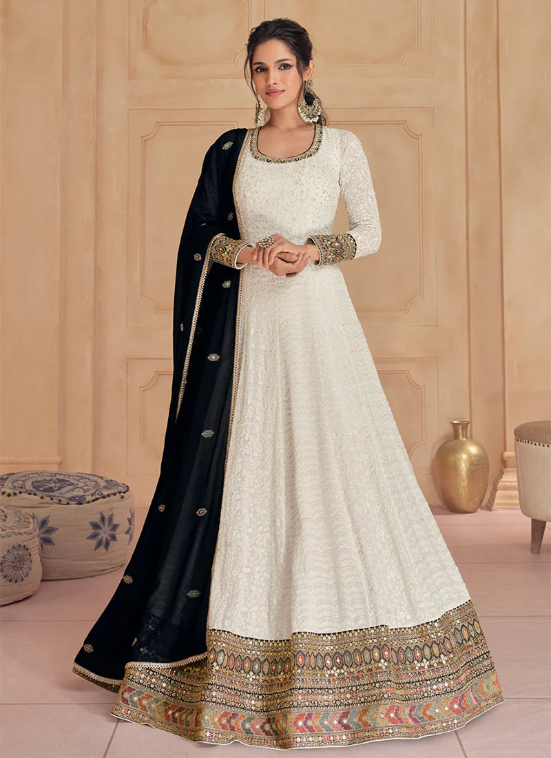Ivory and Black Traditional Wedding Anarkali Gown Dress variyav Ivory and Black Traditional Wedding Anarkali Gown Dress variyav