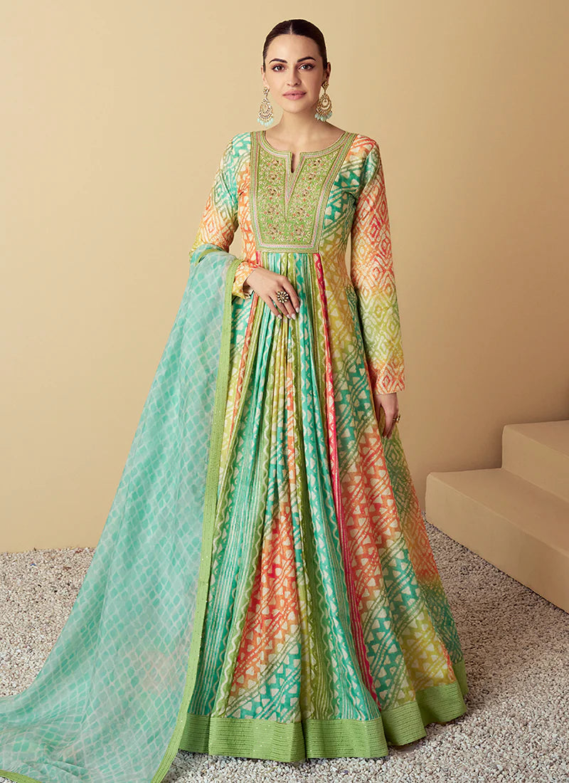 Teal And Green Multi Embroidery Festive Anarkali Gown  variyav