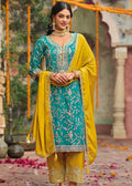 Teal And Mustard Embroidered Salwar Suit