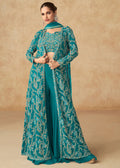 Turquoise georgette embroidery jacket style sharara suit