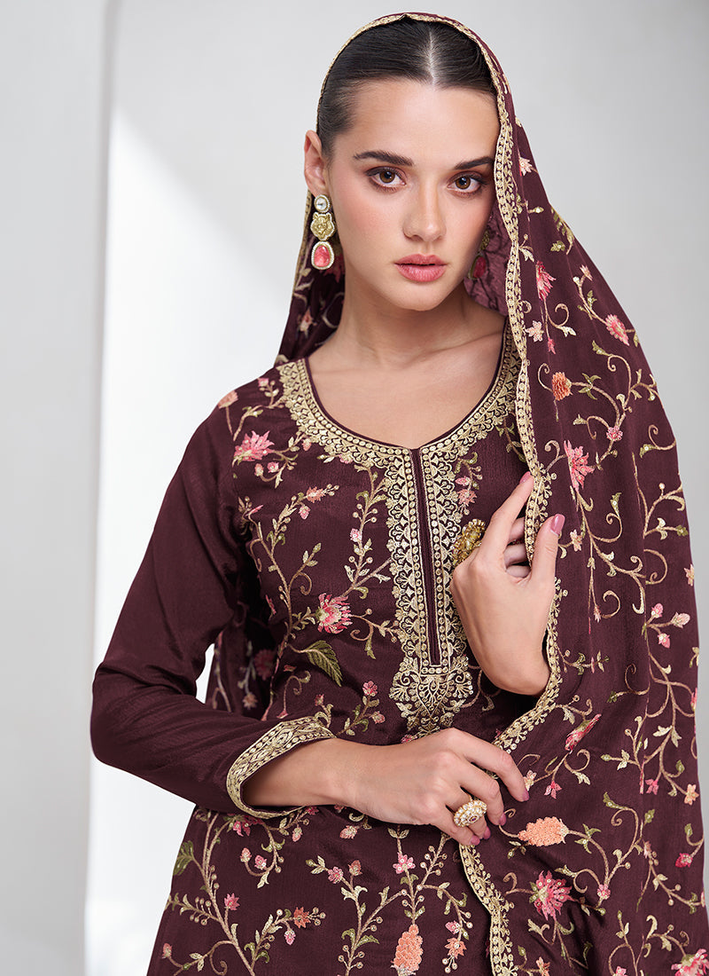 Maroon Floral Embroidery Festival Palazzo Suit