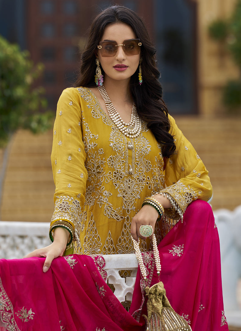 Yellow And Green Traditional Embroidery Sharara Style Suit