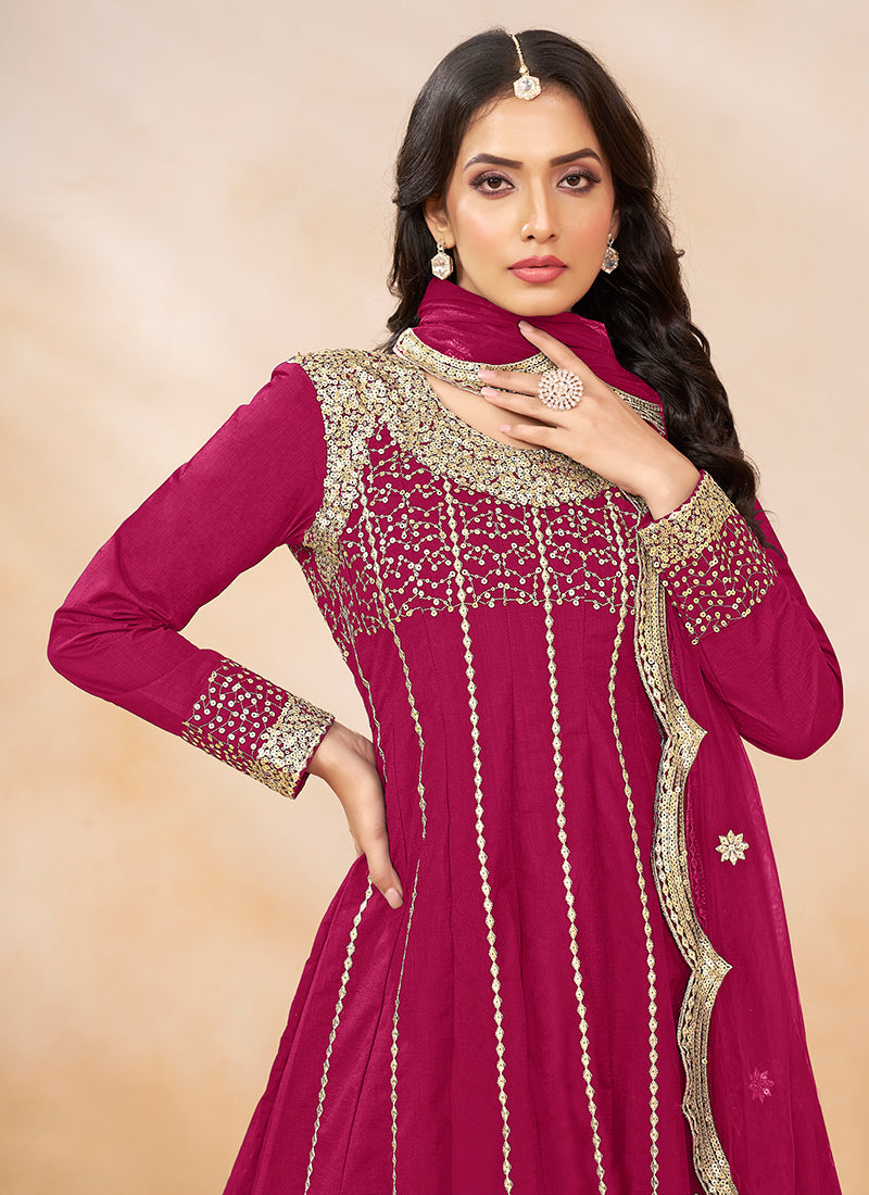 Magenta Golden Embroidered Anarkali And Dhoti Style Pant Suit