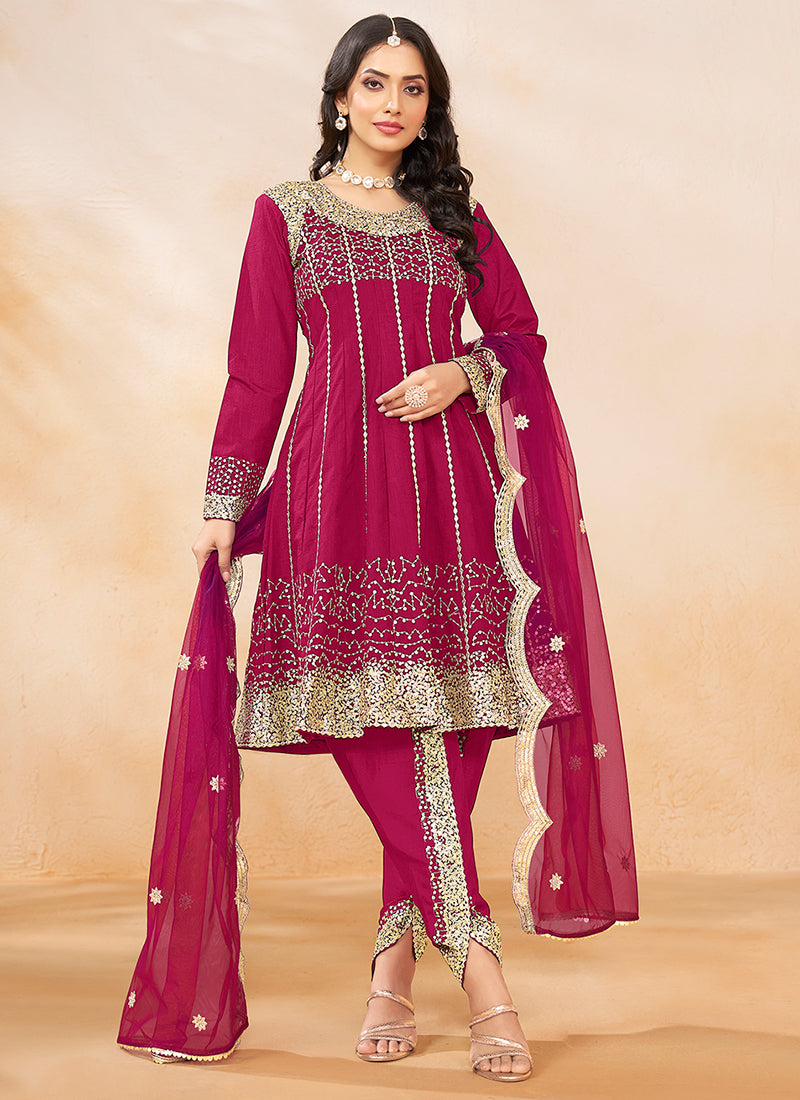 Magenta Golden Embroidered Anarkali And Dhoti Style Pant Suit