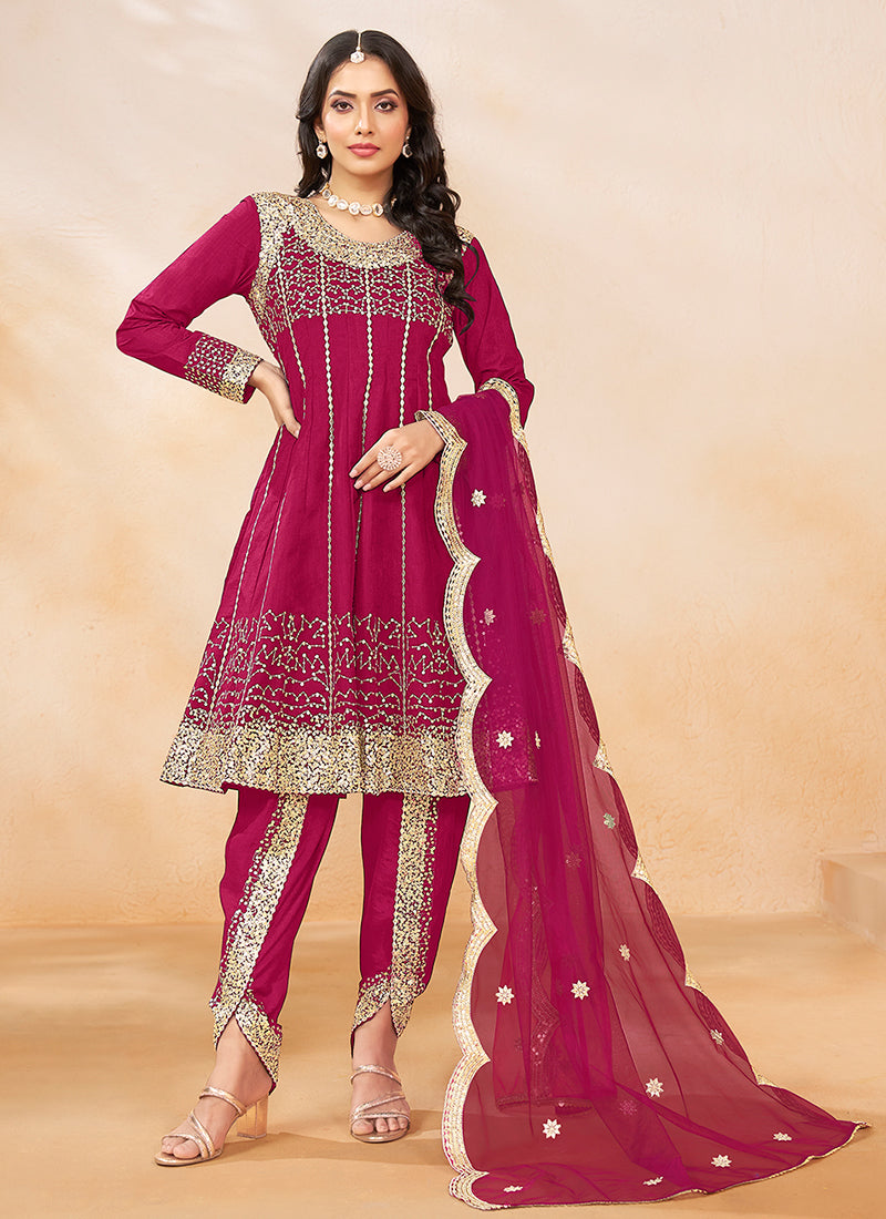 Magenta Golden Embroidered Anarkali And Dhoti Style Pant Suit