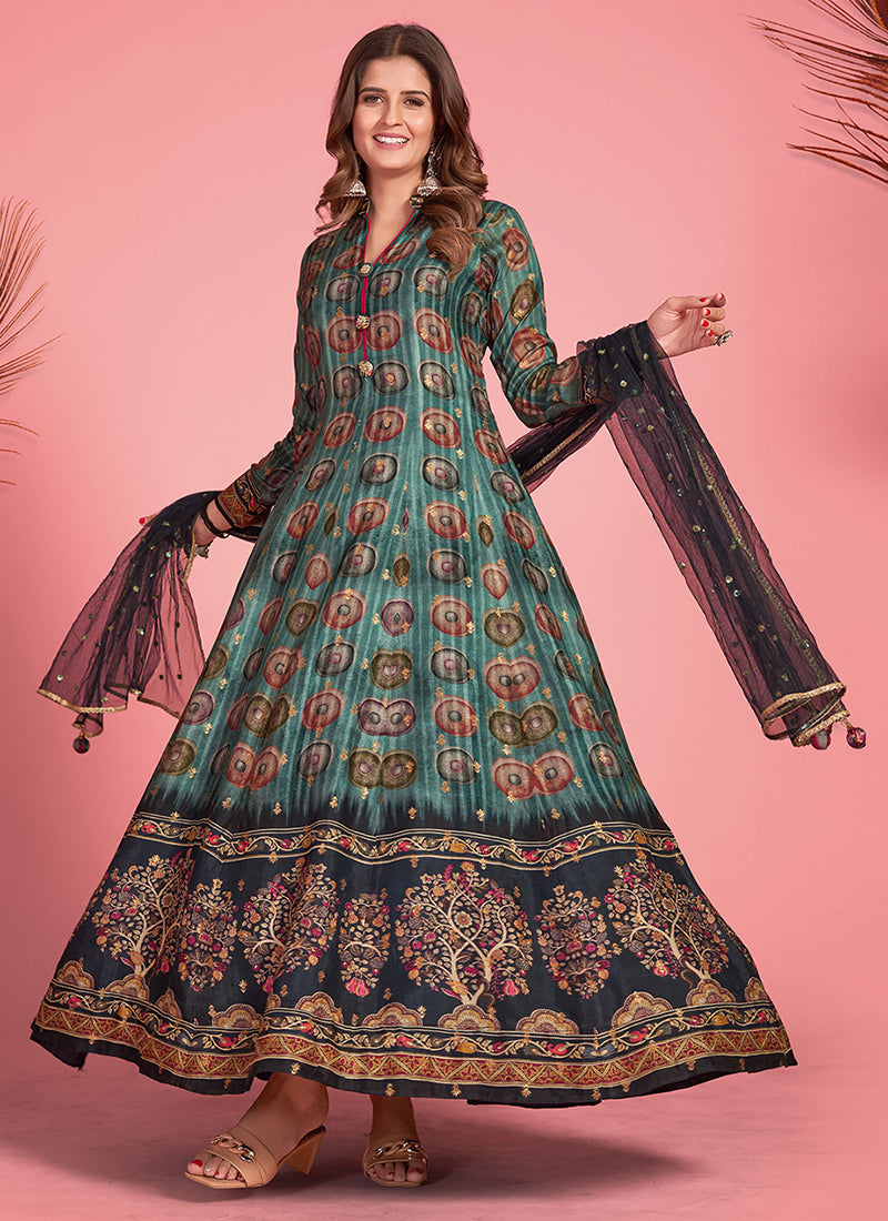 Green Black Multicoloured Silk Jacquard Anarkali Gown