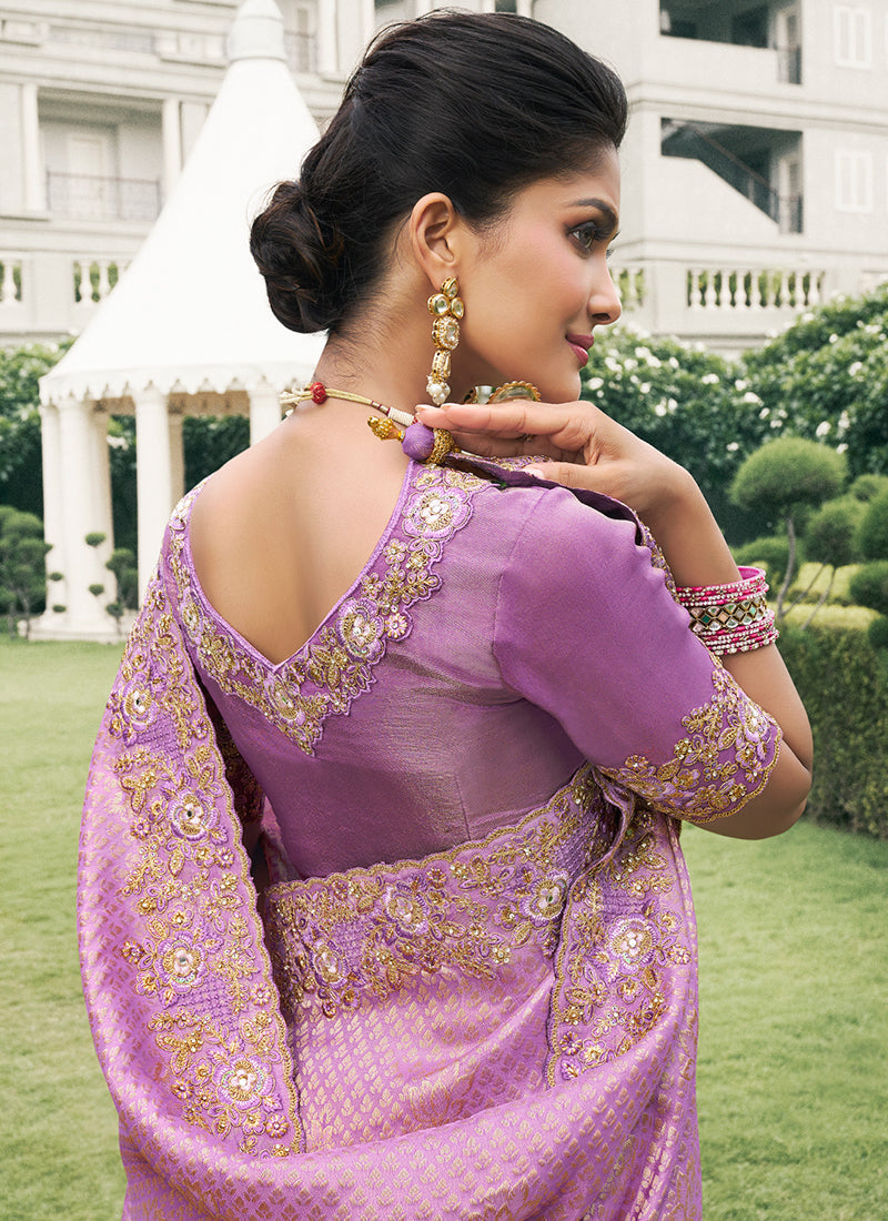 Lavender Multi Embroidery Tissue Silk Saree