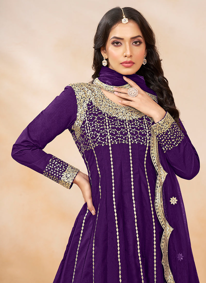 Purple Golden Embroidered Anarkali And Dhoti Style Pant Suit