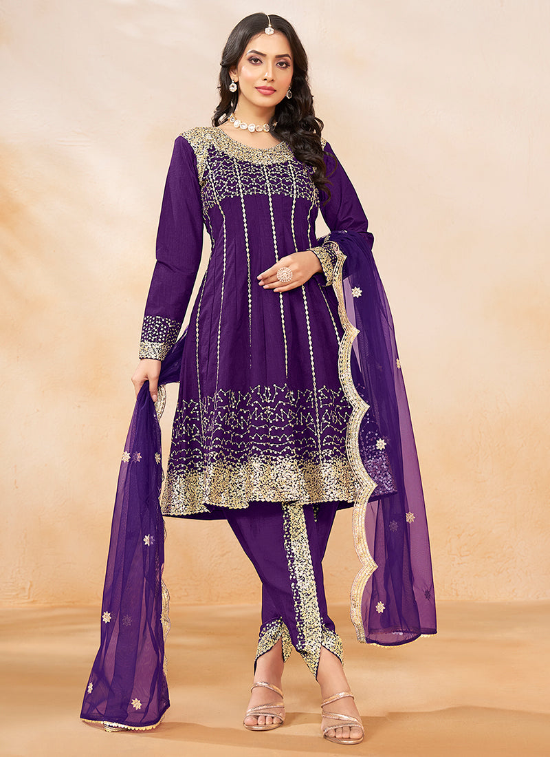 Purple Golden Embroidered Anarkali And Dhoti Style Pant Suit