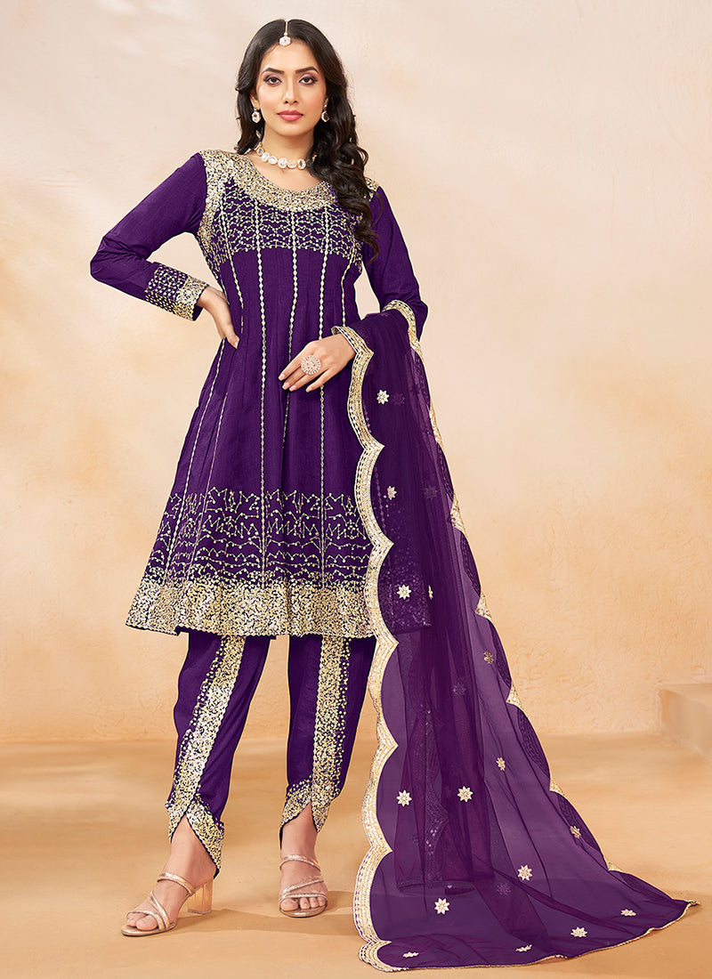 Purple Golden Embroidered Anarkali And Dhoti Style Pant Suit