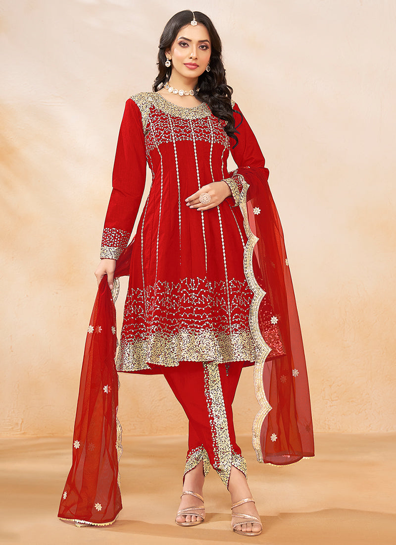 Red Golden Embroidered Anarkali And Dhoti Style Pant Suit