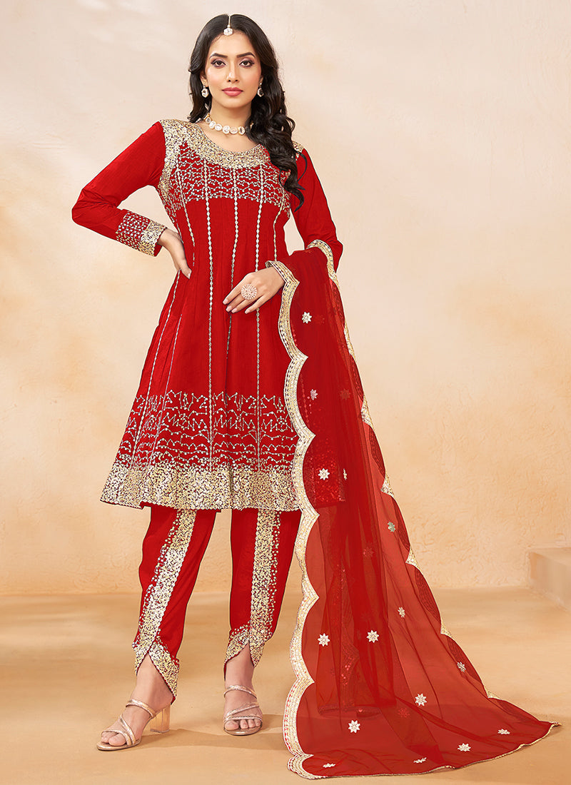 Red Golden Embroidered Anarkali And Dhoti Style Pant Suit