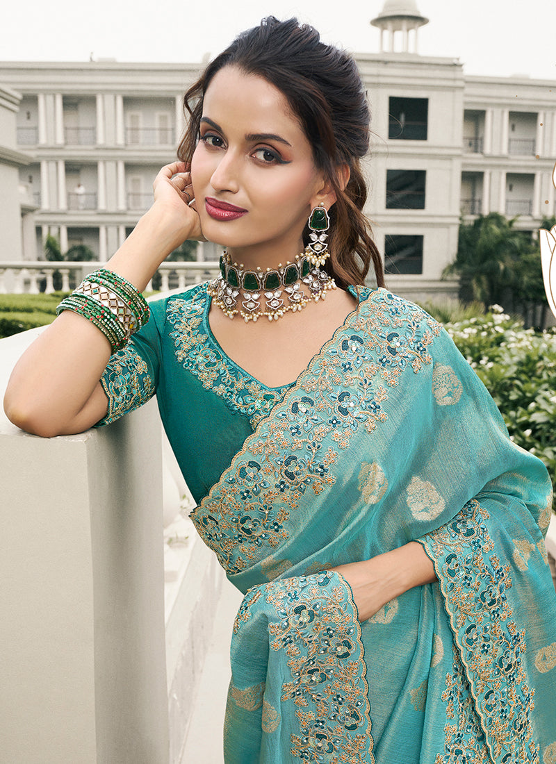 Teal Blue Multi Embroidery Tissue Silk Saree