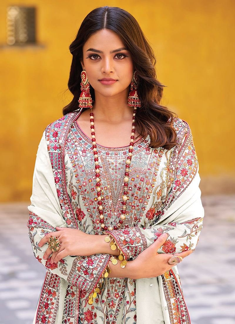 White Multicoloured Embroidery Pakistani Palazzo Suit