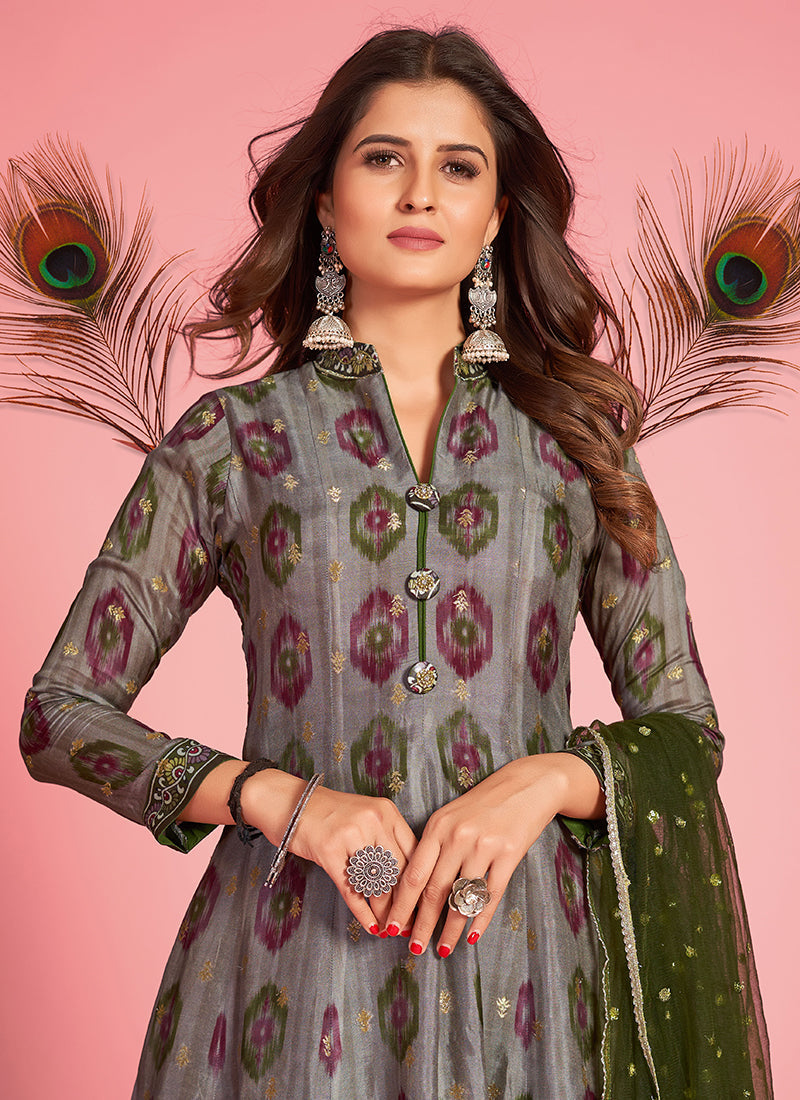 Grey Green Multicoloured Silk Jacquard Anarkali Gown