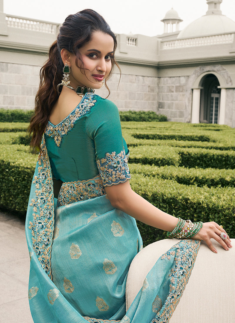 Teal Blue Multi Embroidery Tissue Silk Saree