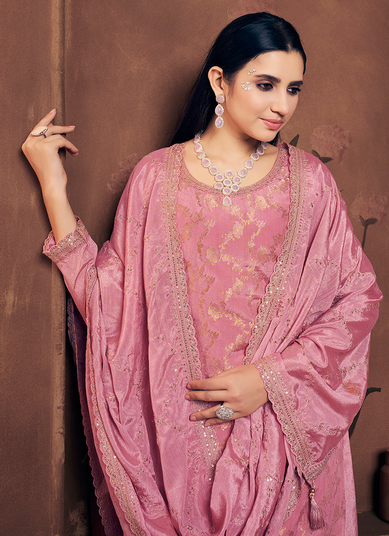 Pink Golden Embroidery Festive Palazzo Suit