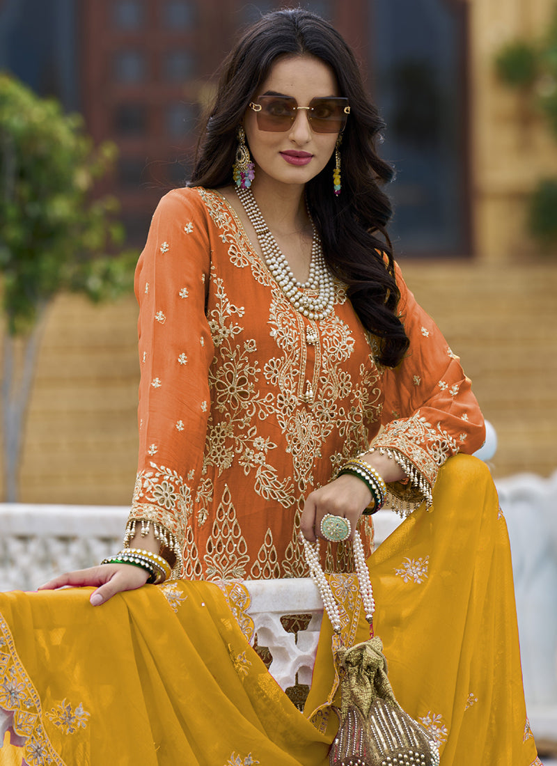 Orange And Pink Traditional Embroidery Sharara Style Suit