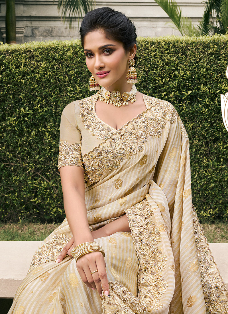 Cream White Multi Embroidery Tissue Silk Saree