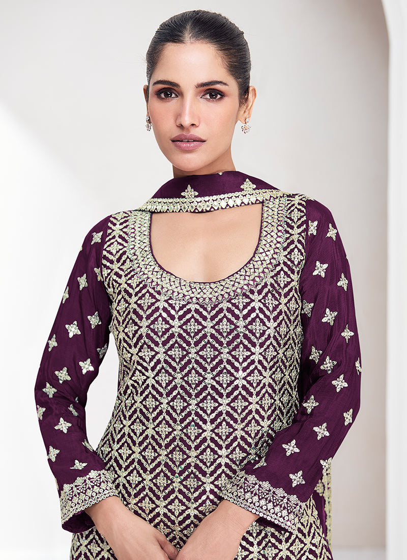 Deep Purple Reshamkari Embroidery Palazzo Suit