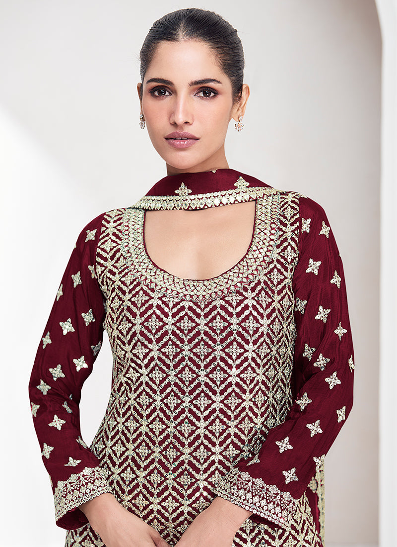 Maroon Reshamkari Embroidery Palazzo Suit