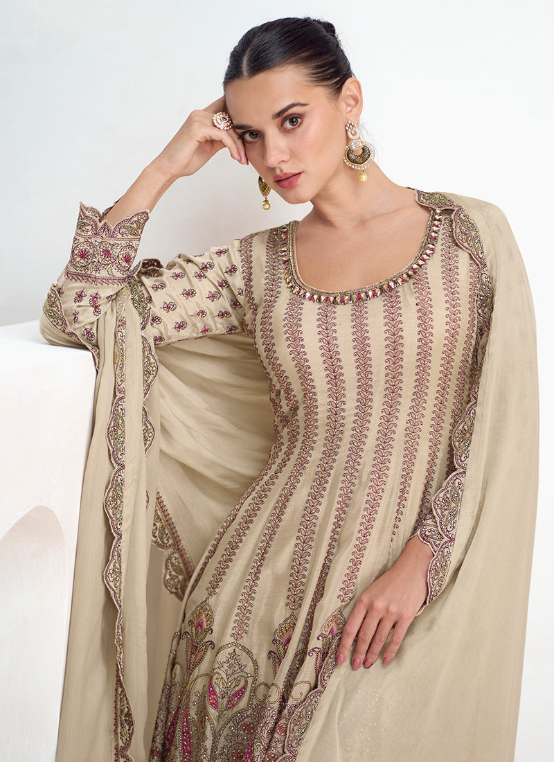 Beige Multi Embroidery Gharara Style Suit