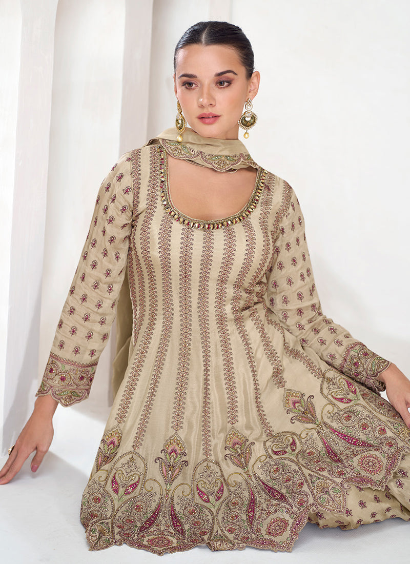 Beige Multi Embroidery Gharara Style Suit