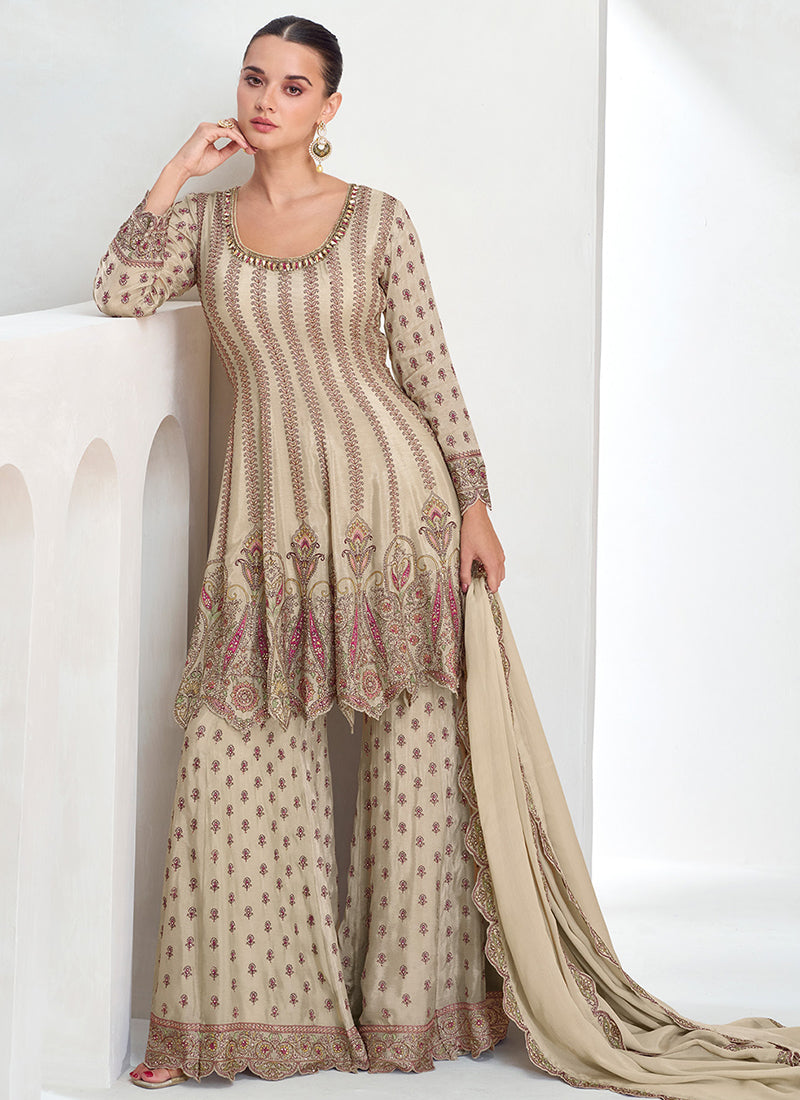 Beige Multi Embroidery Gharara Style Suit