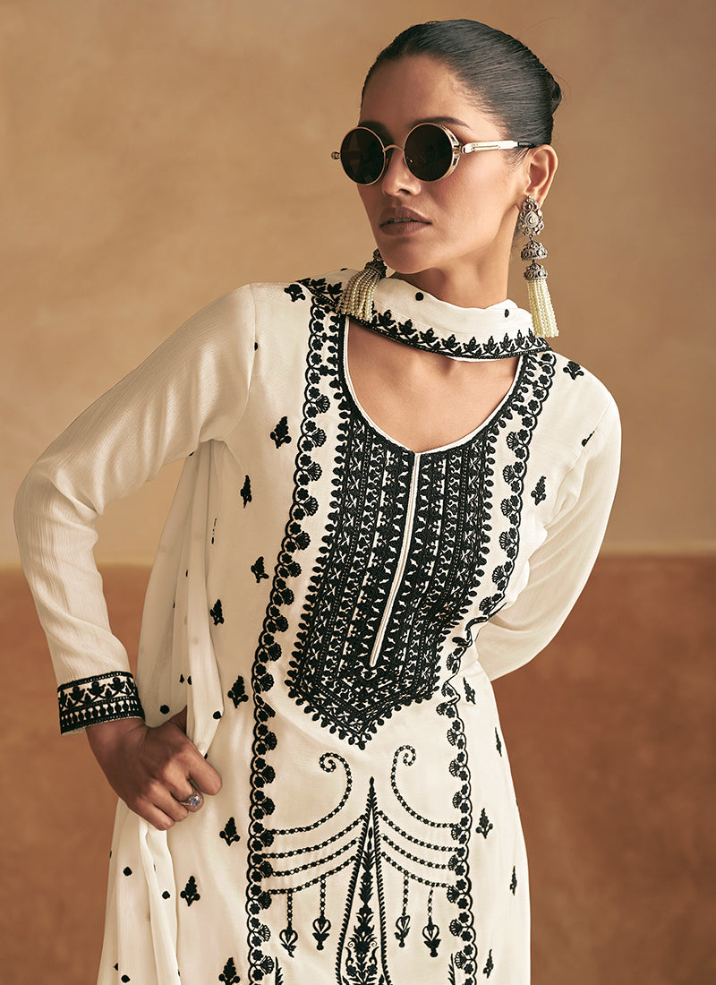 White Resham Thread Embroidery Palazzo Style Suit