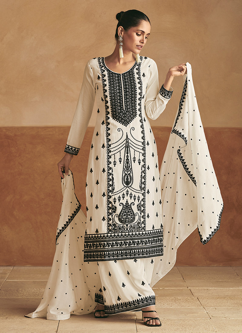 White Resham Thread Embroidery Palazzo Style Suit