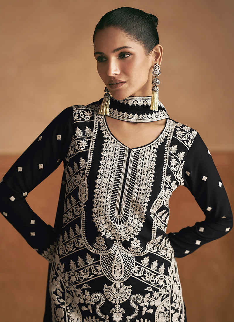 Black Resham Thread Embroidery Palazzo Style Suit