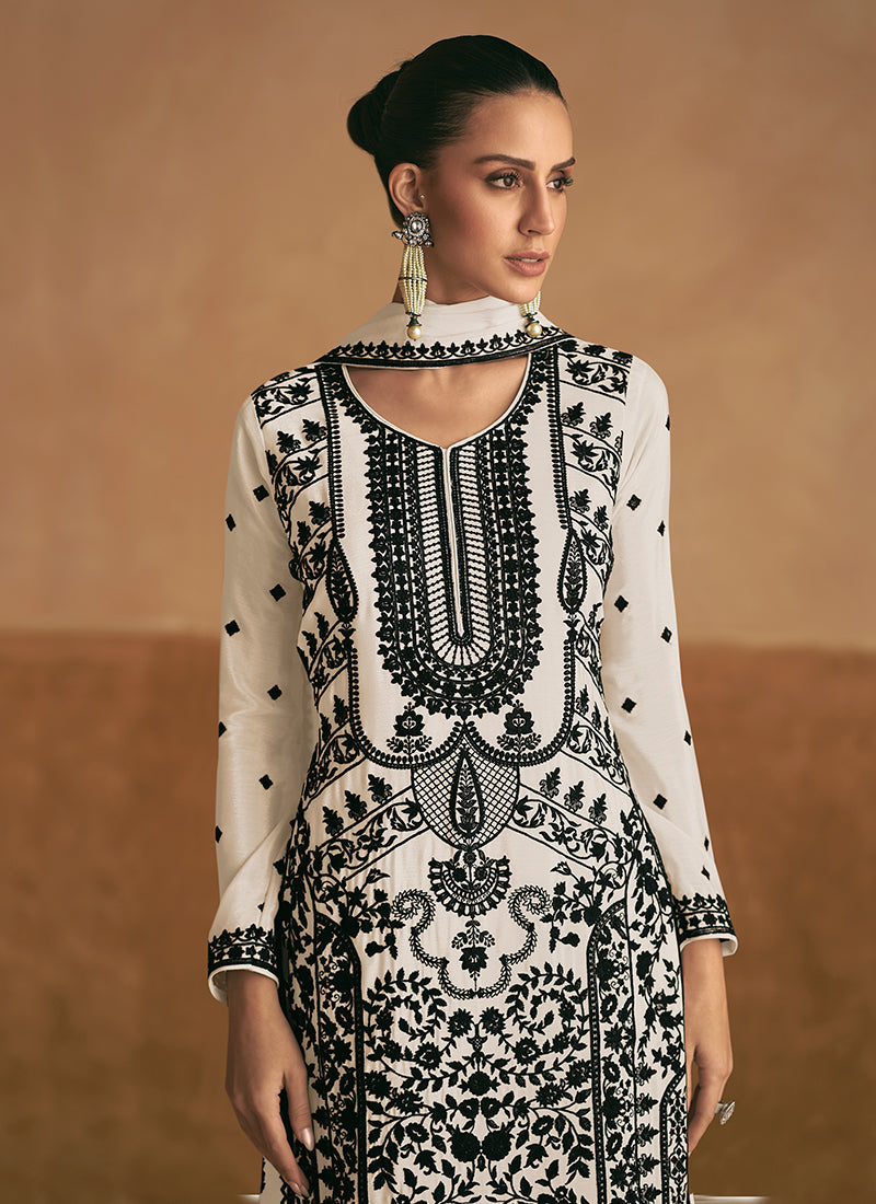 Off White Resham Thread Embroidery Palazzo Style Suit