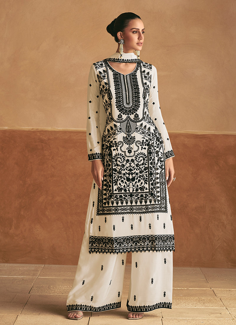 Off White Resham Thread Embroidery Palazzo Style Suit