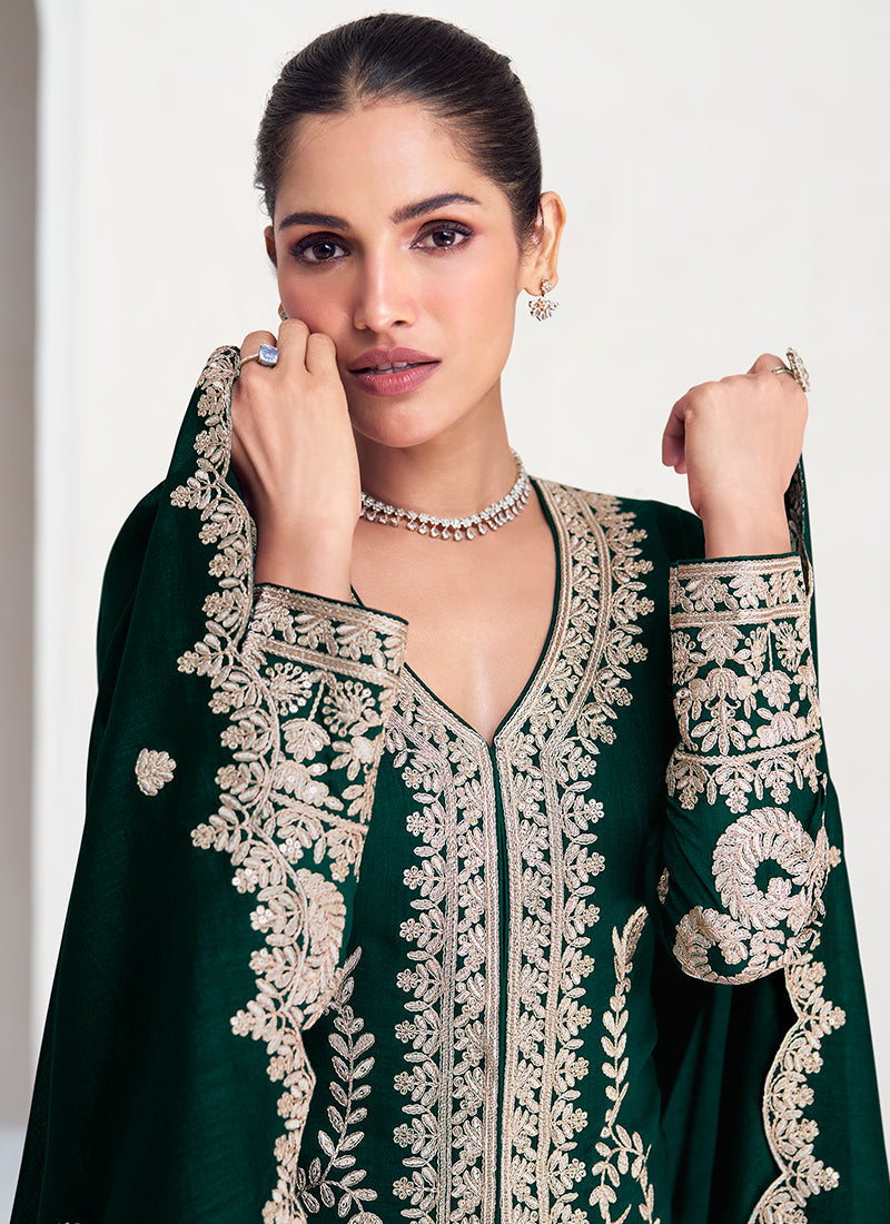 Green Embroidered Silk Salwar Kameez Suit