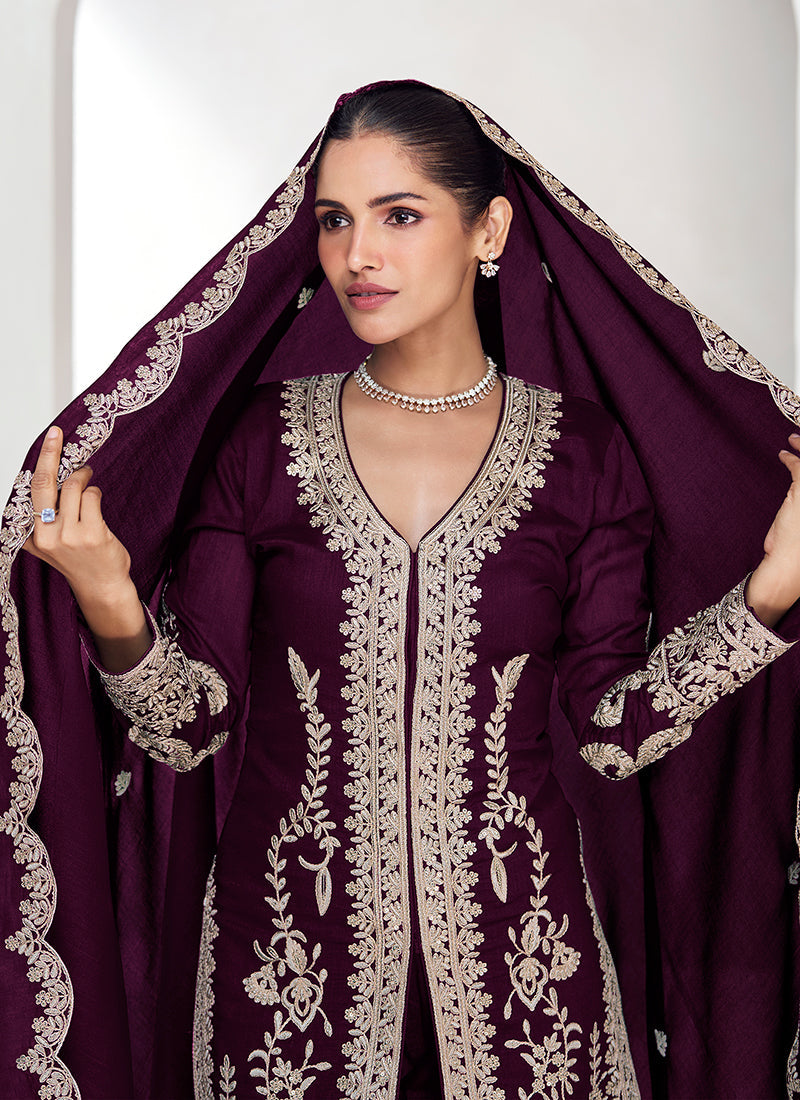 Maroon Embroidered Silk Salwar Kameez Suit