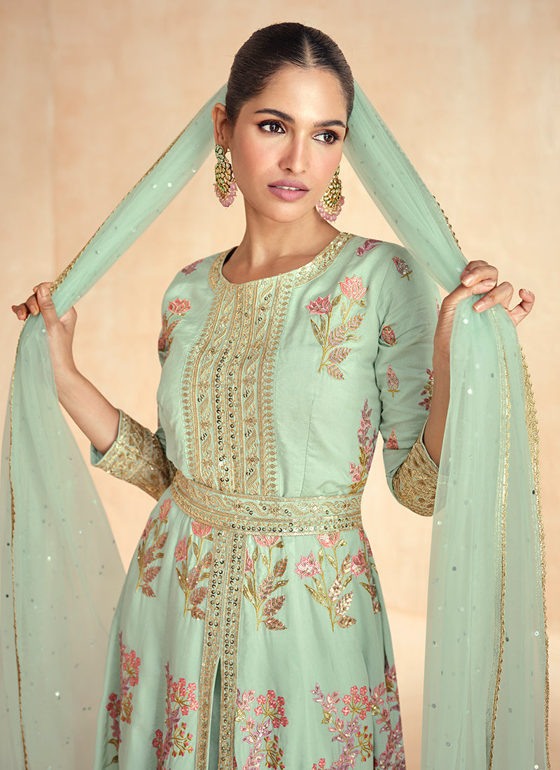 Mint Green Multi Embroidery Slit Style Anarkali Pant Suit