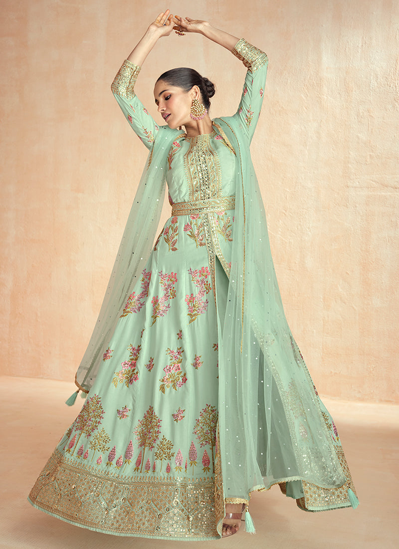 Mint Green Multi Embroidery Slit Style Anarkali Pant Suit