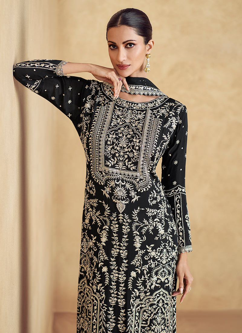 Midnight Black Thread Work Embroidery Festive Pant Suit