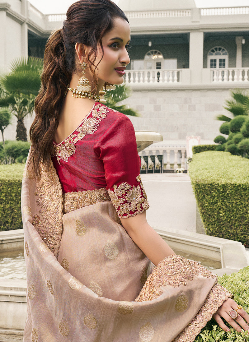 Beige And Red Multi Embroidery Tissue Silk Saree