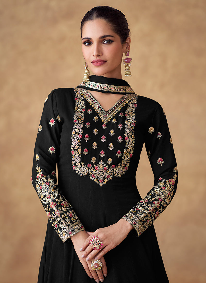 Black Multi Embroidery Designer Anarkali Suit