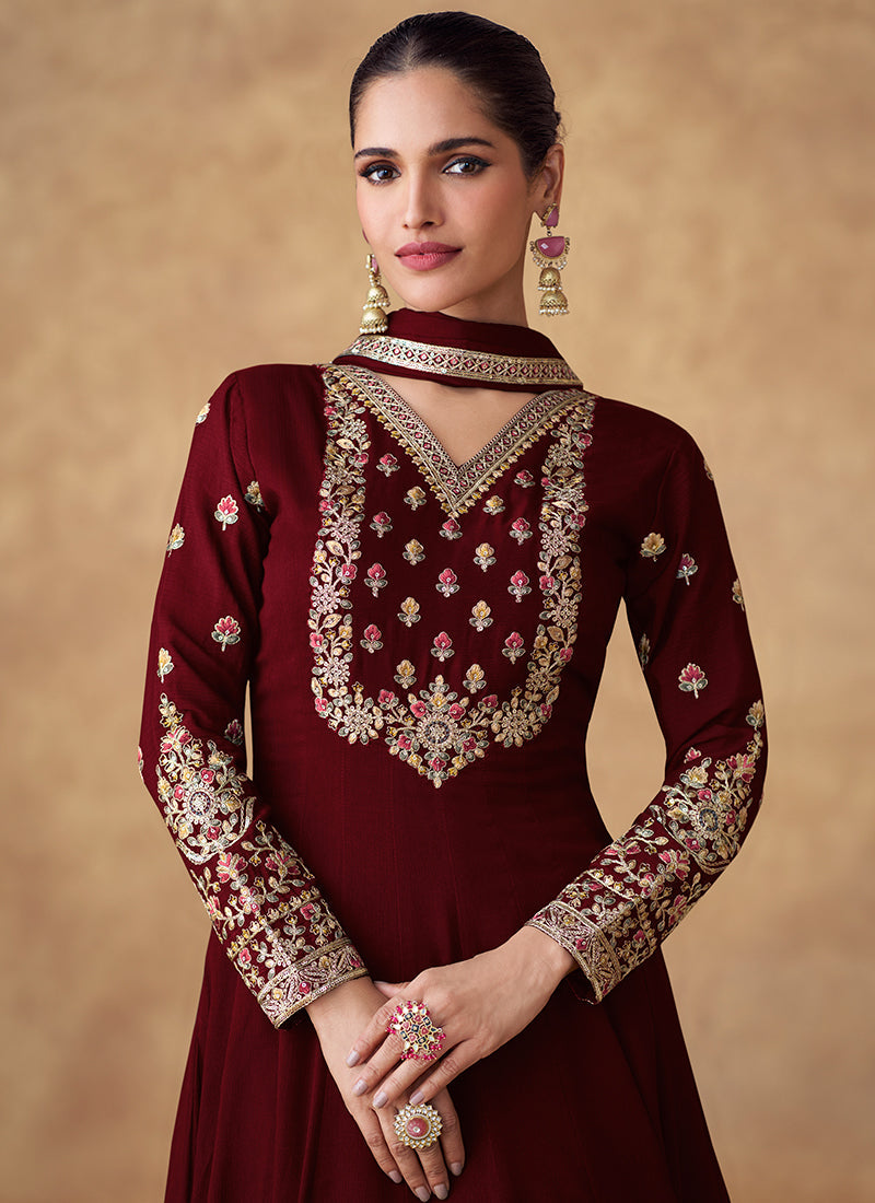 Maroon Multi Embroidery Designer Anarkali Suit