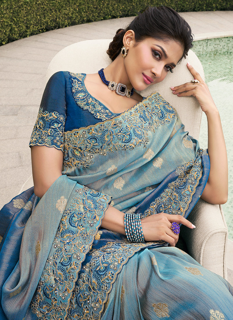 Rich Blue Multi Embroidery Tissue Silk Saree