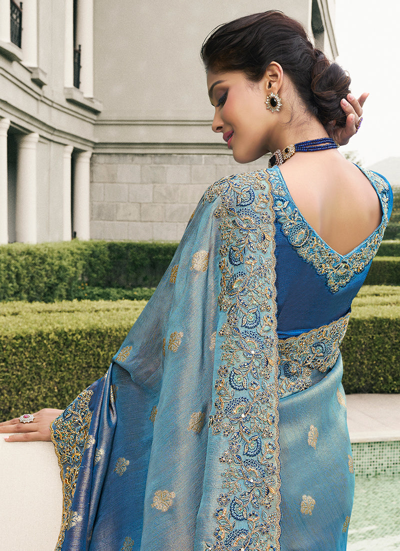 Rich Blue Multi Embroidery Tissue Silk Saree