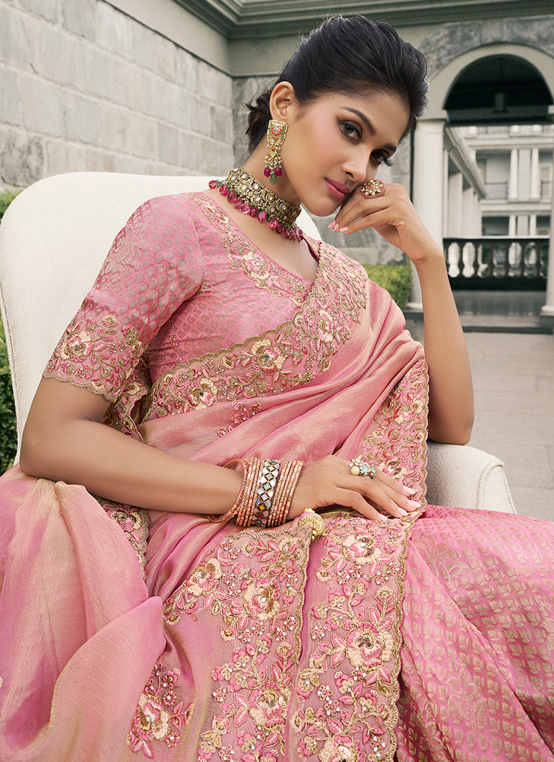 Blush Pink Multi Embroidery Tissue Silk Saree