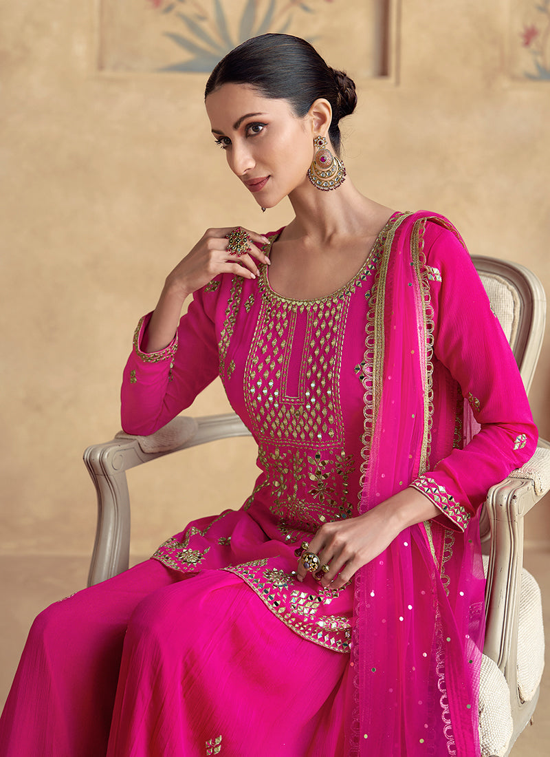 Hot Pink Reshamkari Embroidery Gharara Style Suit