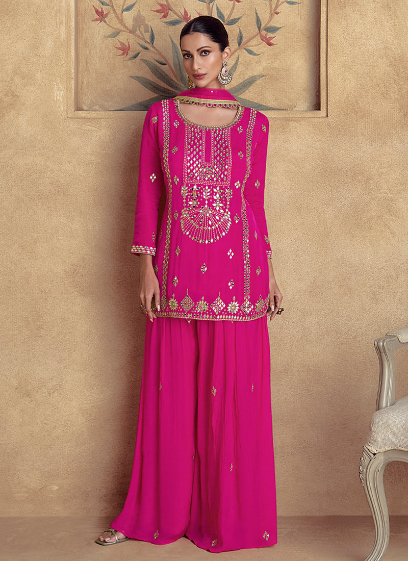 Hot Pink Reshamkari Embroidery Gharara Style Suit