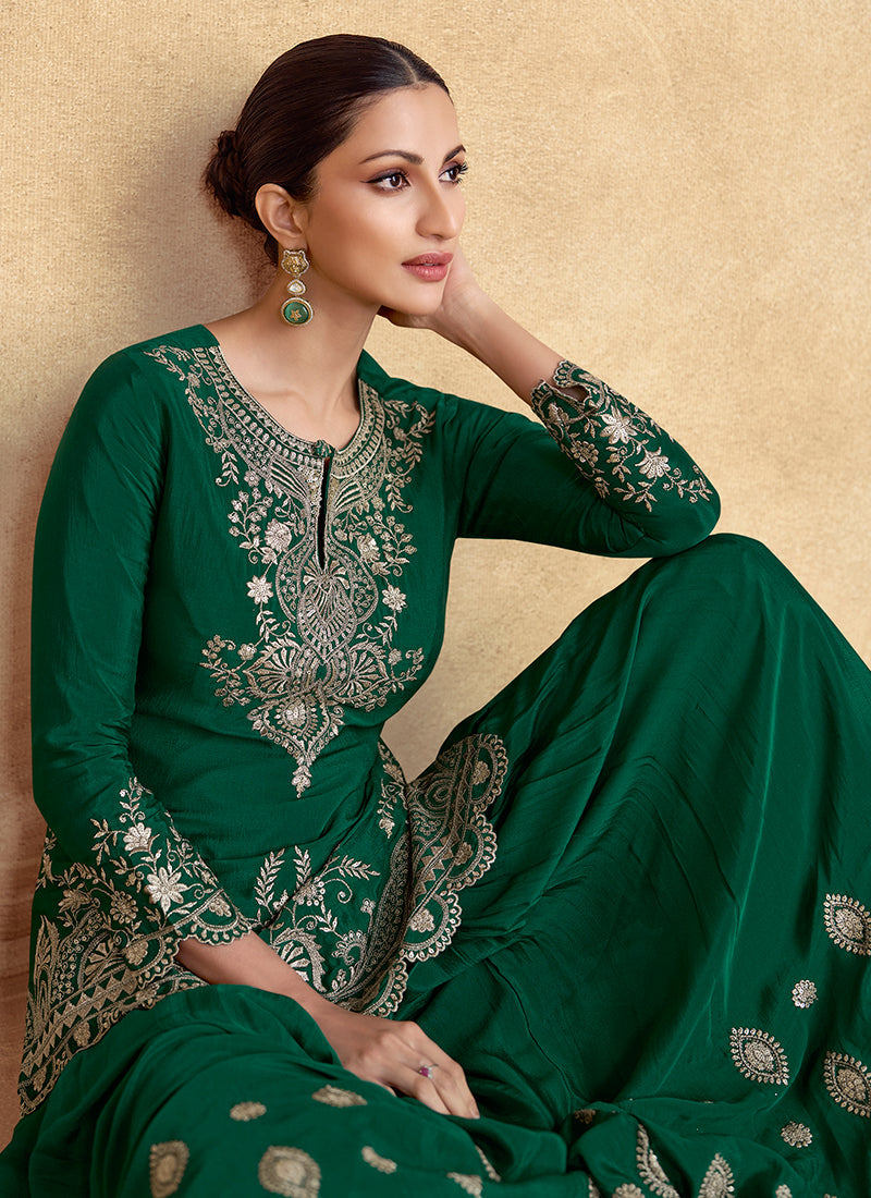 Dark Green Reshamkari Embroidery Gharara Style Suit