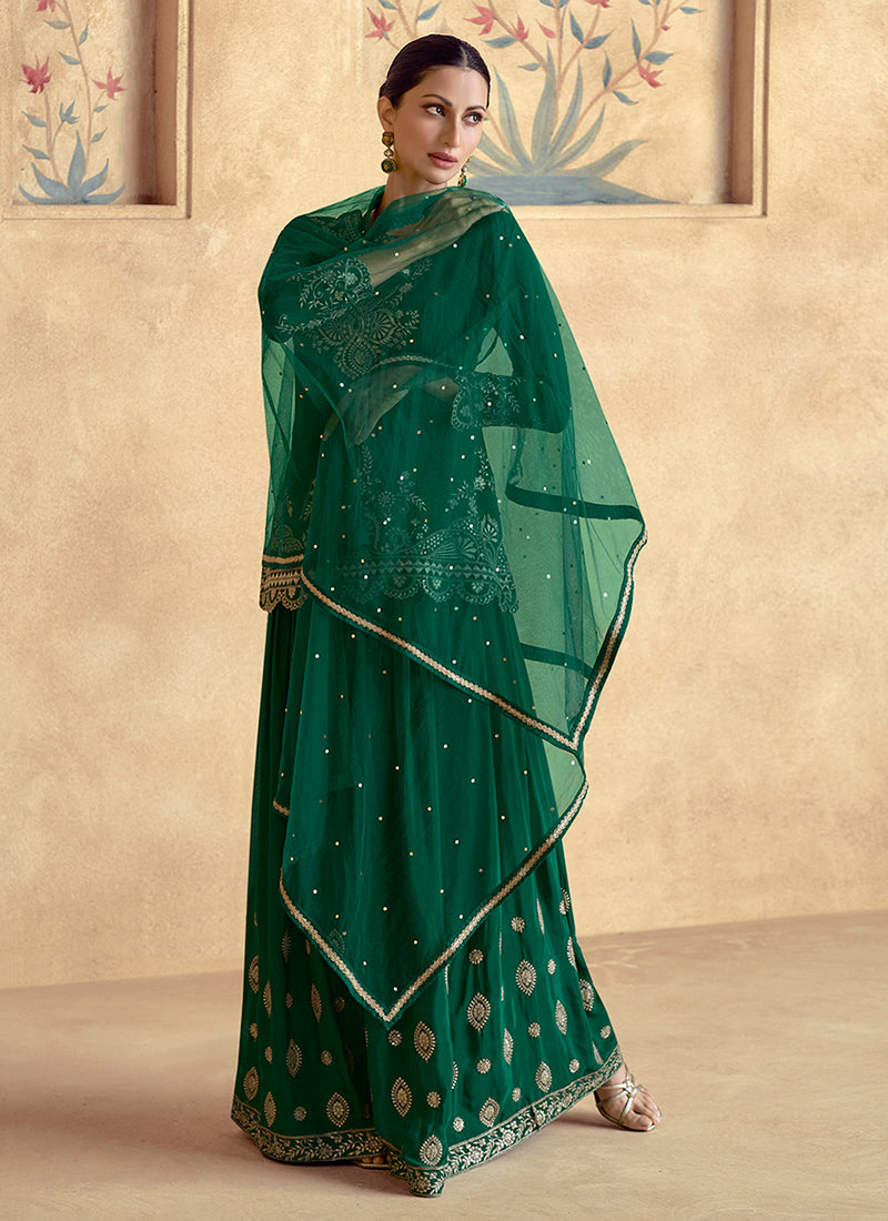 Dark Green Reshamkari Embroidery Gharara Style Suit